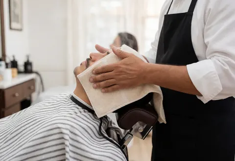 Un barbier professionnel pose une serviette chaude sur le visage d'un client assis dans un fauteuil de barbier, avec une lumière douce et un environnement propre.