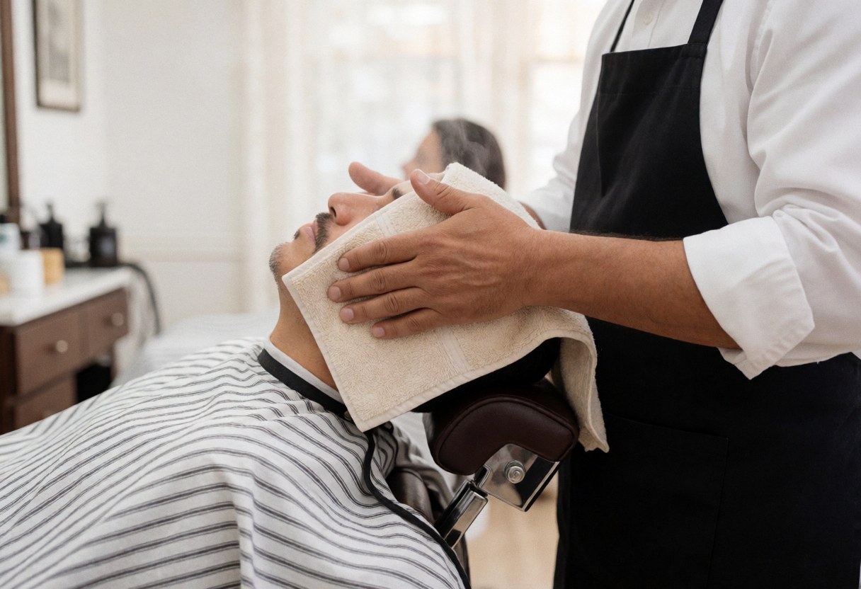 Un barbier professionnel pose une serviette chaude sur le visage d'un client assis dans un fauteuil de barbier, avec une lumière douce et un environnement propre.