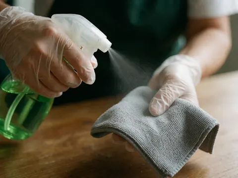 Des mains portant des gants en latex appliquent une solution verte sur un chiffon gris posé sur une table en bois dans un contexte de nettoyage professionnel.