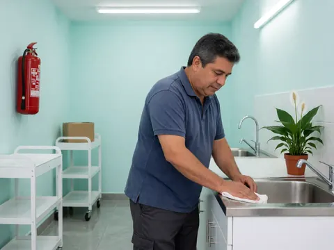 Un homme barbu nettoie un évier en acier inoxydable dans une boutique de nettoyage aux murs turquoise avec des chariots blancs et une plante.