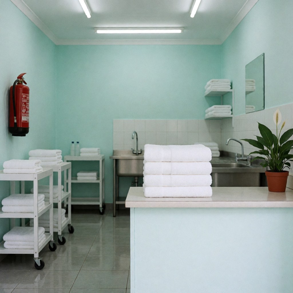 Des serviettes blanches impeccables pliées sur un comptoir de nettoyage avec des murs turquoise, des éviers en acier inoxydable et une plante.