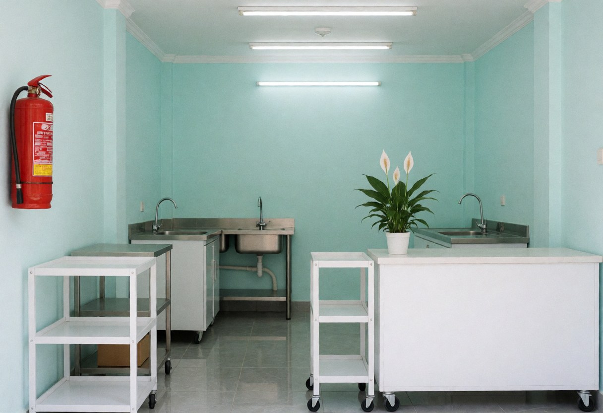 Vue intérieure d'un commerce de produits ménagers aux murs turquoise et au sol carrelé gris, équipé d'éviers inox, de chariots blancs et d'un extincteur rouge.