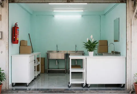 Intérieur d'une boutique de nettoyage avec murs turquoise, sols polis, éviers inox, chariot blanc, extincteur rouge et plante en pot sur le comptoir.