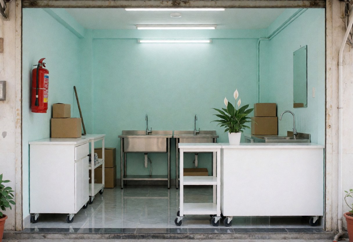 Intérieur d'une boutique de nettoyage avec murs turquoise, sols polis, éviers inox, chariot blanc, extincteur rouge et plante en pot sur le comptoir.