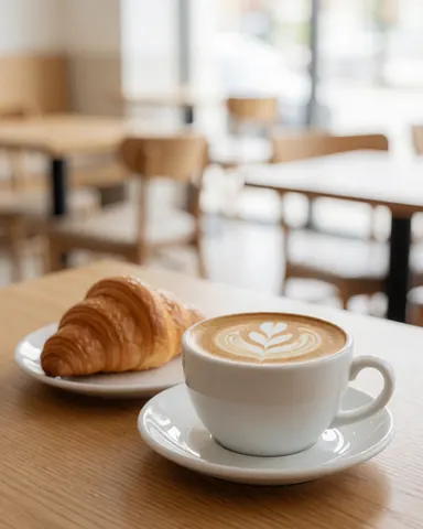 Un café latte avec un motif en feuille posé à côté d'un croissant doré sur une table en bois clair, baigné d'une lumière matinale douce.