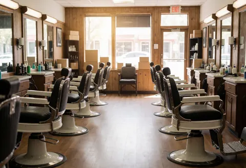 Salon de barbier vide présentant des chaises classiques, des miroirs et une belle lumière naturelle entrant par les fenêtres. Idéal pour un site web professionnel.