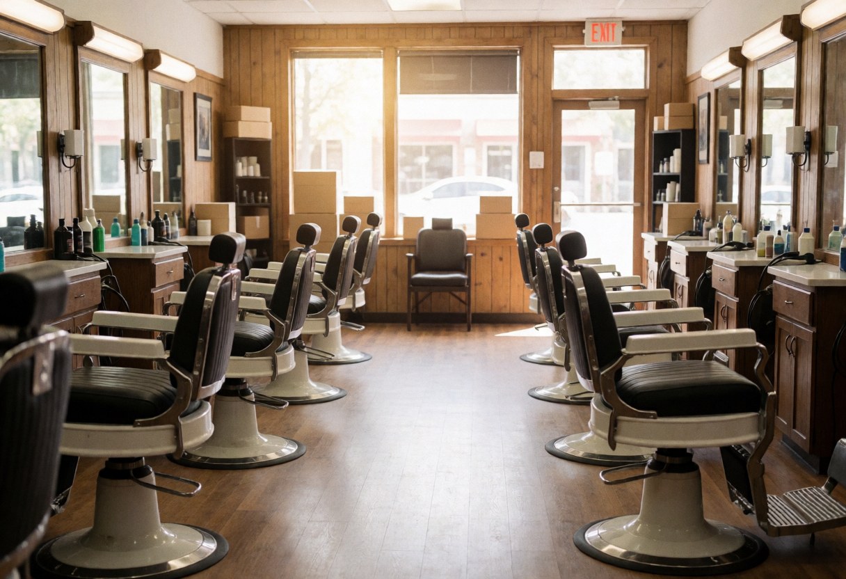 Salon de barbier vide présentant des chaises classiques, des miroirs et une belle lumière naturelle entrant par les fenêtres. Idéal pour un site web professionnel.