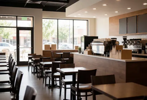 Vue intérieure d'une cafétéria vide comprenant tables, chaises et comptoir en bois. La lumière naturelle entre par les fenêtres créant une ambiance propre et accueillante.