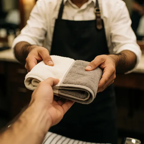 Un barbier professionnel tend une serviette chaude à un client après un soin ou une coupe dans un salon de coiffure masculin moderne.