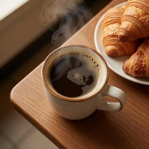 Une tasse de café chaud dégageant de la vapeur est posée à côté d'un croissant sur une table en bois clair, évoquant un petit-déjeuner simple et appétissant.