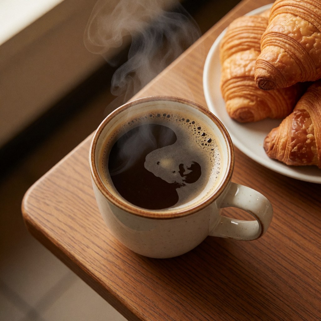 Une tasse de café chaud dégageant de la vapeur est posée à côté d'un croissant sur une table en bois clair, évoquant un petit-déjeuner simple et appétissant.