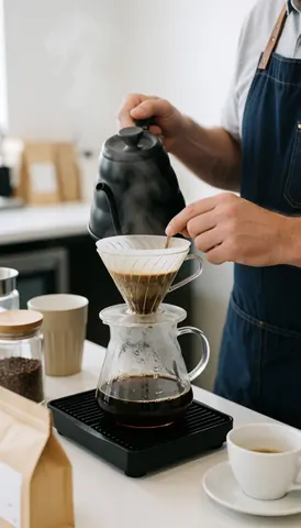 Un barista verse de l'eau chaude sur du café filtré d'exception dans une cafeterie moderne pour clients.