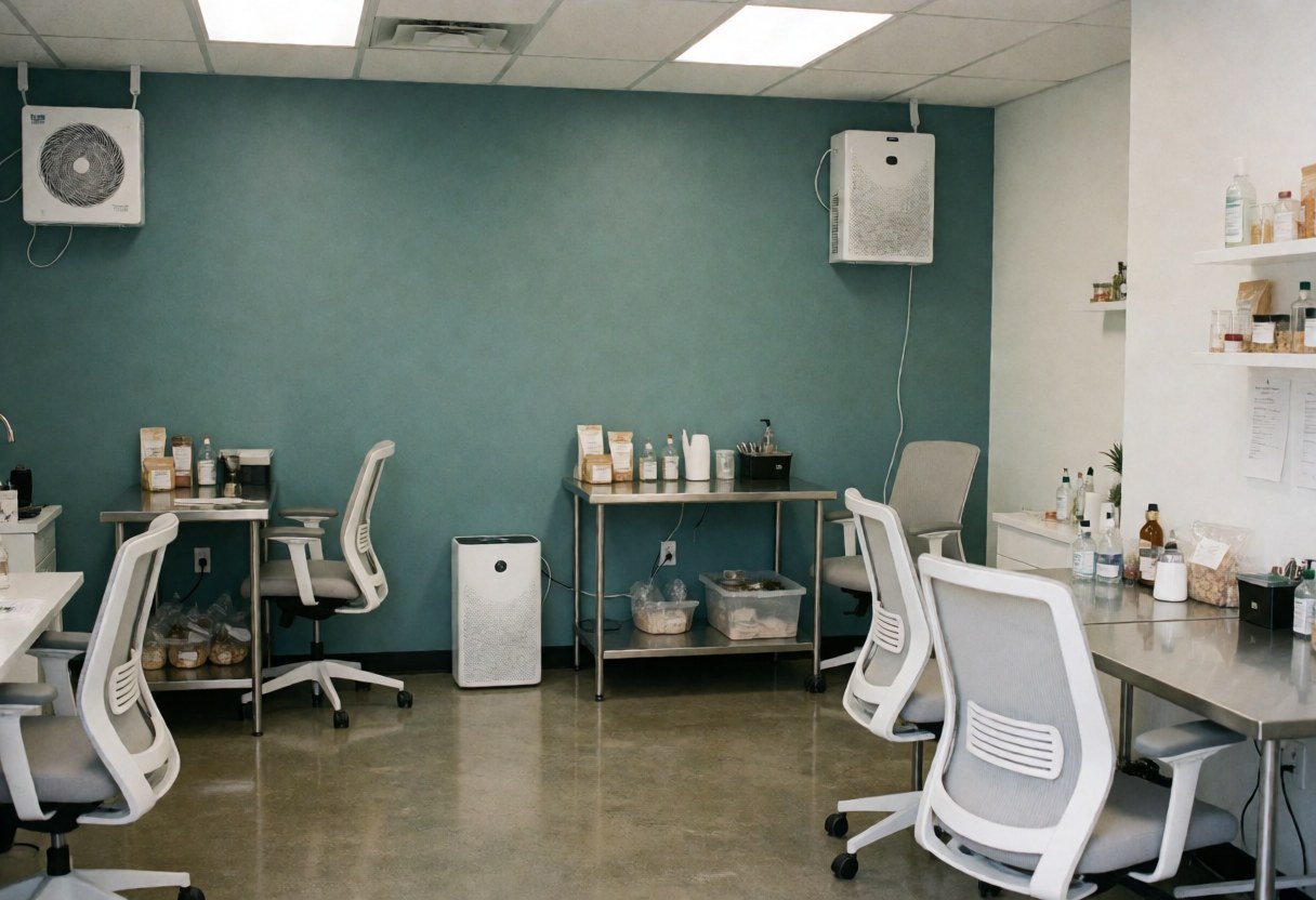 Intérieur d'un cabinet de nutritioniste moderne avec chaises, tables en acier, purificateur d'air et sol en béton poli.