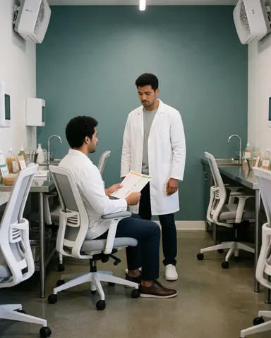 Une cliente assise sur une chaise ergonomique consulte un guide nutritionnel avec un professionnel dans une clinique moderne aux murs bleu-vert et au sol poli.