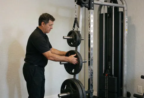 Un entraîneur ajuste les poids sur une machine à câble dans un gymnase, préparant l'équipement pour le service avec soin et professionnalisme.