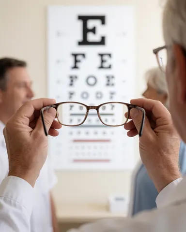 Une paire de lunettes est posée sur un tableau de test de vision utilisé en optique pour évaluer l'acuité visuelle des patients.