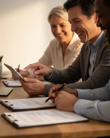 Trois enseignants souriants consultent des papiers et une tablette sur une table en bois dans un bureau lumineux.