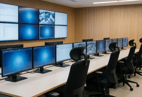 Salle de contrôle de sécurité équipée de moniteurs et de chaises ergonomiques, avec des murs en bois, offrant un environnement professionnel et propre.