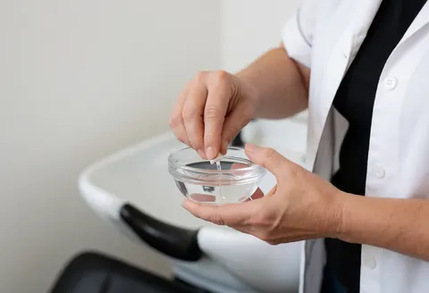 Une manucière professionnelle prépare un soin en mélangeant un liquide dans un bol en verre, mains visibles sur fond de salon.