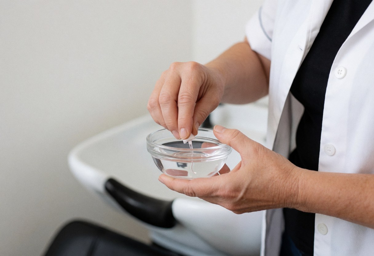 Une manucière professionnelle prépare un soin en mélangeant un liquide dans un bol en verre, mains visibles sur fond de salon.