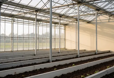 Vue intérieure d'une serre moderne avec charpente métallique, murs clairs et rangées de jeunes plants sous éclairage naturel.