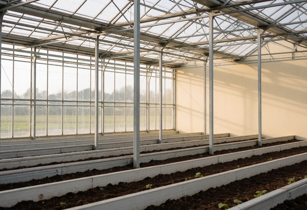 Vue intérieure d'une serre moderne avec charpente métallique, murs clairs et rangées de jeunes plants sous éclairage naturel.