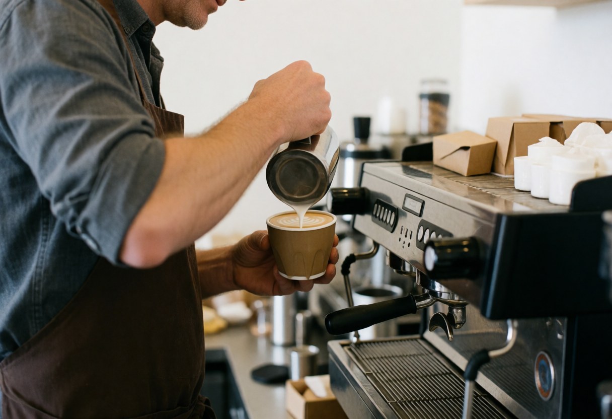 Un barista prépare un café latte en versant du lait dans une tasse, mettant en valeur l'art du latte et la qualité du service en cafétéria.