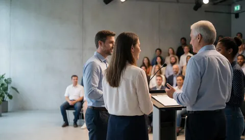 Quatre personnes lors d'une présentation professionnelle dans un auditorium aux murs en béton, éclairage scénique et public en arrière-plan.
