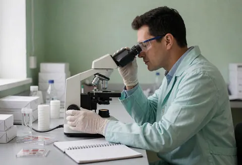 Un technicien de laboratoire clinique utilise un microscope tout en portant des gants et des lunettes de sécurité. Un cahier et des lames sont posés sur la table dans un environnement professionnel et propre.