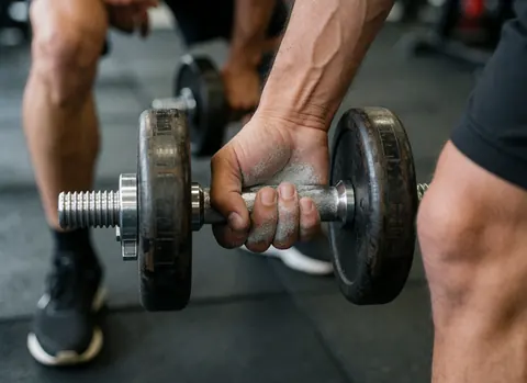 Gros plan sur des mains masculines saisissant fermement une haltère recouverte de poussière blanche, mettant en valeur les détails de la texture métallique et de la peau dans un environnement de gymnase sombre.