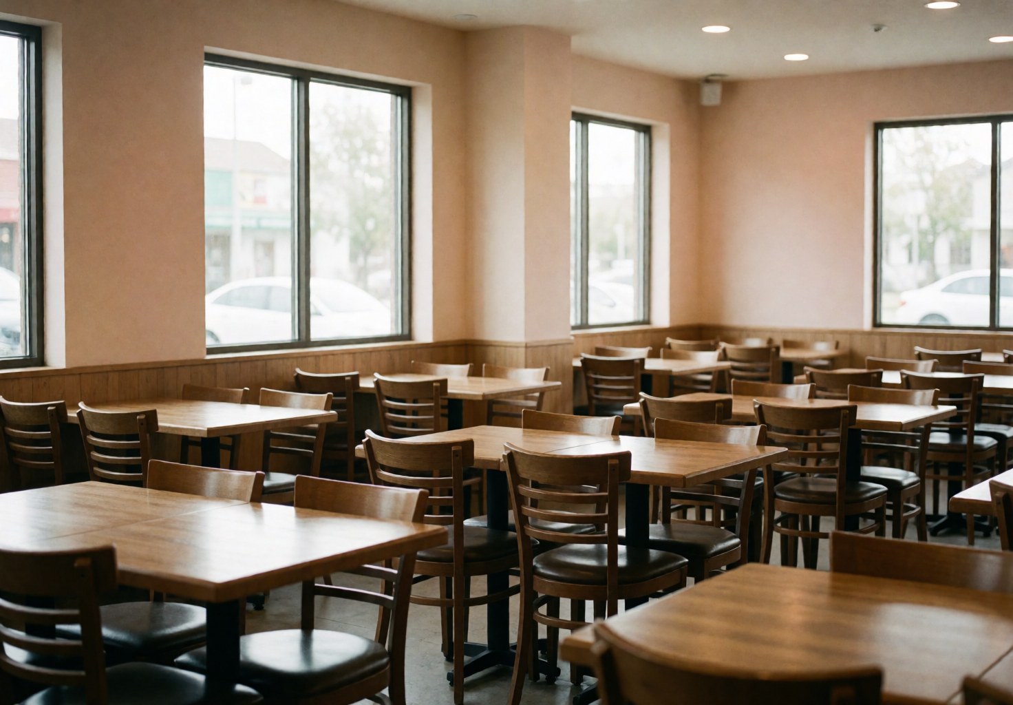 Vue intérieure d'un restaurant désert montrant des tables et des chaises en bois disposées devant des murs beige clair et de grandes fenêtres laissant entrer la lumière naturelle.