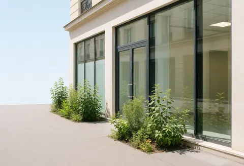 Façade de bureau moderne avec grandes baies vitrées, plantes vertes sur le trottoir et ciel dégagé, idéale pour les ressources humaines.