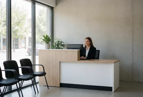 Vue de la réception propre et lumineuse d'un bureau de sécurité avec mobilier moderne, plantes vertes et fenêtres laissant entrer la lumière naturelle.