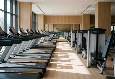 Intérieur d'un gymnase vide doté de machines de fitness modernes, d'un sol en bois clair et d'une abondante lumière solaire entrant par les fenêtres.