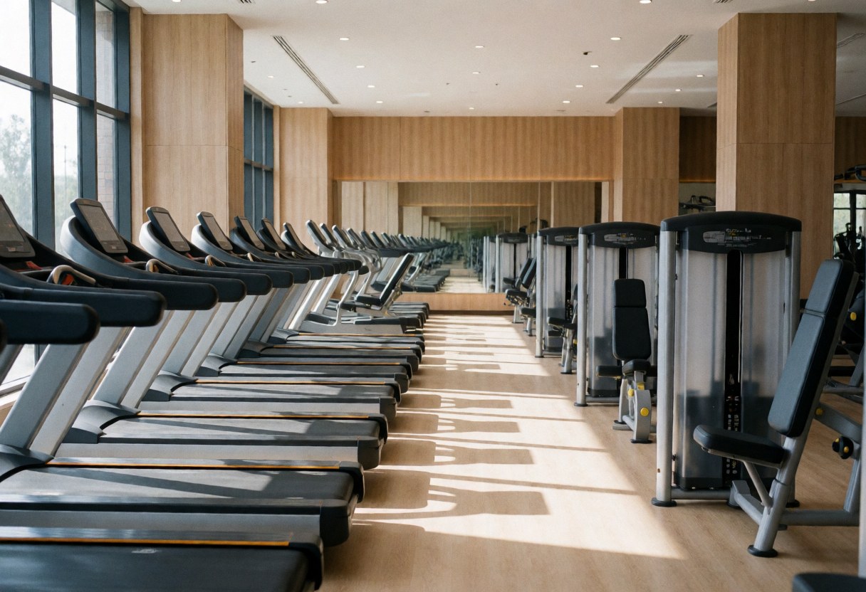 Intérieur d'un gymnase vide doté de machines de fitness modernes, d'un sol en bois clair et d'une abondante lumière solaire entrant par les fenêtres.
