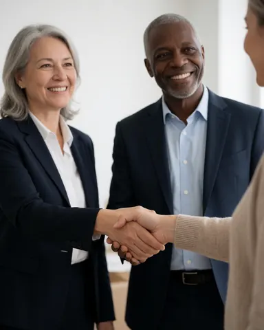 Deux professionnels en costume formel serrent la main d'un client dans un bureau à fond blanc, symbolisant confiance et collaboration.