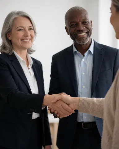 Deux professionnels en costume formel serrent la main d'un client dans un bureau à fond blanc, symbolisant confiance et collaboration.