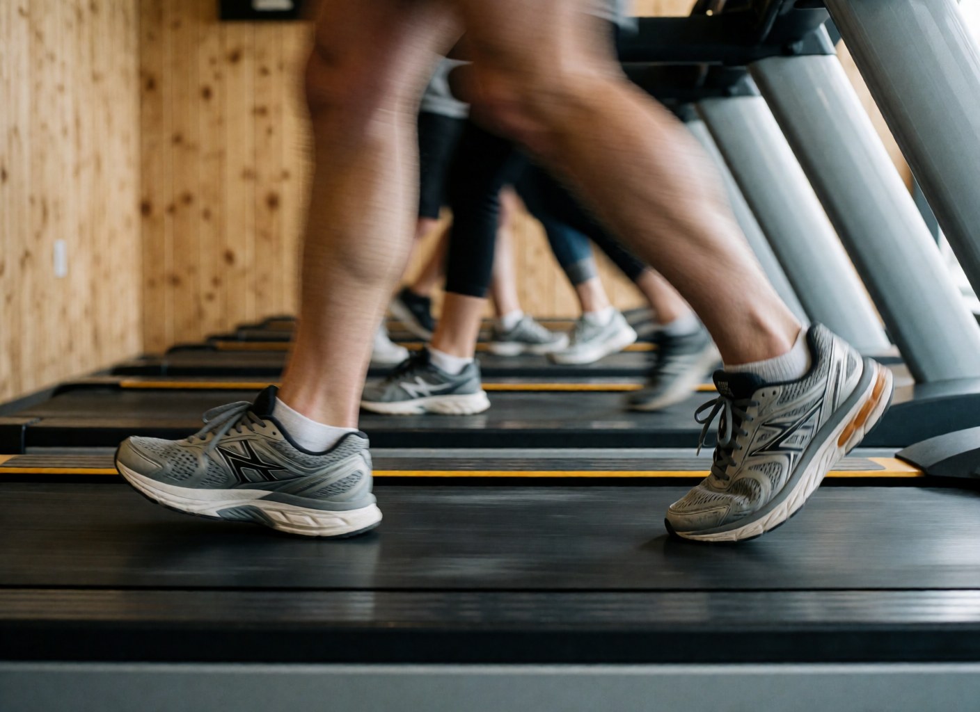 Gros plan sur des pieds en baskets grises courant sur un tapis de course dans un gymnastique moderne aux murs en bois, avec un arrière-plan flou.