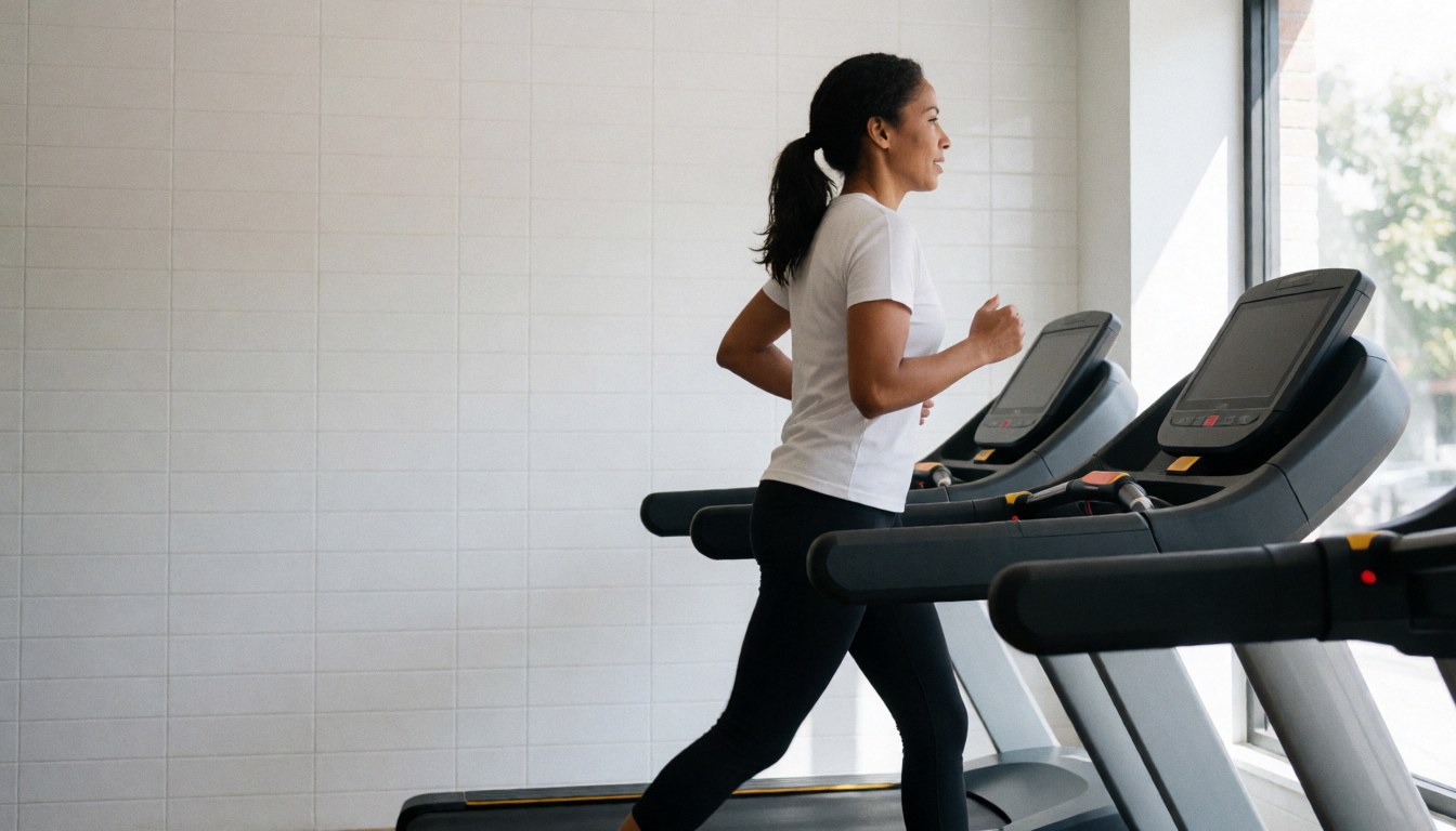 Intérieur d'un gymnase moderne avec des murs blancs et une lumière naturelle, offrant un espace vide pour ajouter du texte ou du contenu promotionnel.