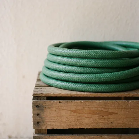 Un tuyau de jardinier vert est enroulé en rouleau sur une vieille caisse en bois rustique, accompagné d'outils de jardinage et de corde, évoquant l'extérieur et le foyer.