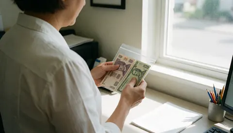 Un agent de voyages examine des billets de pesos mexicains et de dollars canadiens dans une pochette en plastique sur un bureau lumineux près d'une fenêtre.