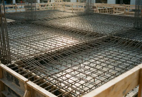 Vue d'une zone de construction vide montrant des armatures métalliques et des coffrages en bois éclairés par la lumière naturelle, prêts pour l'inspection professionnelle.