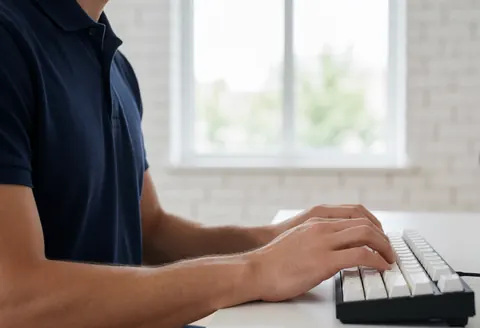 Un développeur de logiciel tape du code sur un clavier blanc dans un bureau avec mur en briques blanches et fenêtre laissant entrer la lumière naturelle.