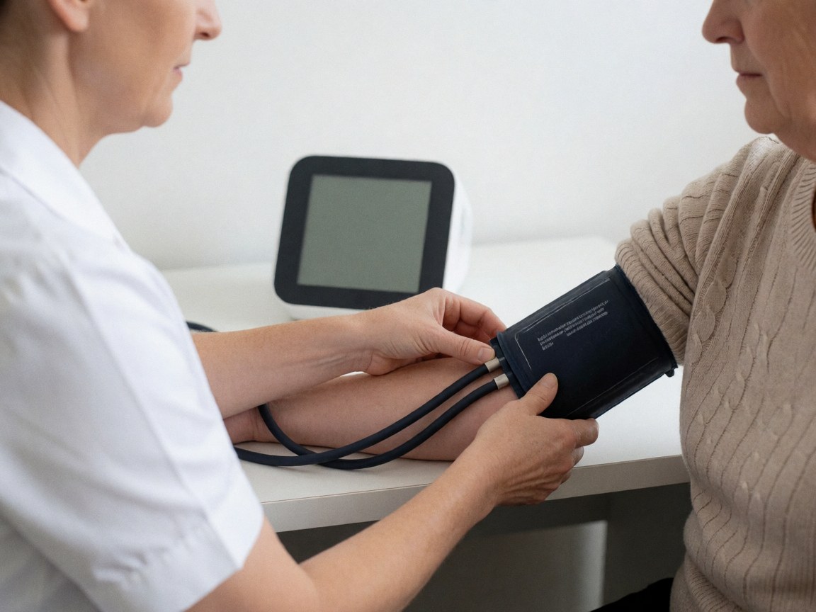 Une infirmière utilise un moniteur numérique pour vérifier la tension d'un patient dans un cabinet médical lumineux et propre.