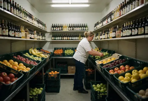 Une employée range des caisses de fruits frais dans un entrepôt rempli d'étagères avec des bouteilles, sous éclairage fluorescent.