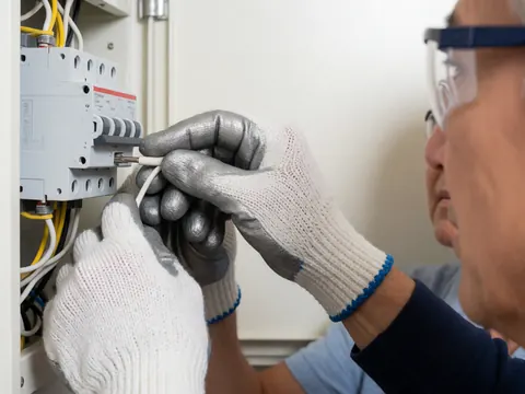 Un électricien équipé de gants et de lunettes de sécurité raccorde un câble blanc à un interrupteur dans une boîte de distribution, sur un fond propre et professionnel.