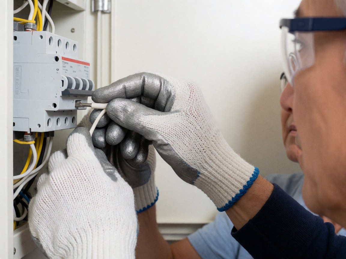 Un électricien équipé de gants et de lunettes de sécurité raccorde un câble blanc à un interrupteur dans une boîte de distribution, sur un fond propre et professionnel.