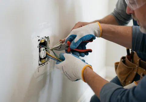 Électricien portant gants et lunettes connectant des câbles sur une prise murale dans un environnement professionnel et propre.