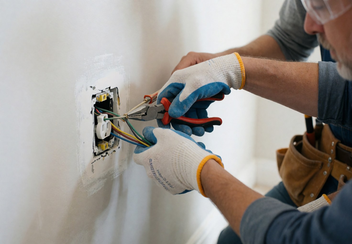 Électricien portant gants et lunettes connectant des câbles sur une prise murale dans un environnement professionnel et propre.