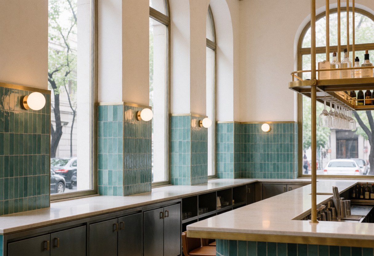 Intérieur d'un bar moderne avec des carreaux turquoise, des détails en bronze, de grandes fenêtres et un comptoir épuré, éclairage chaleureux et ambiance élégante sans personnes.